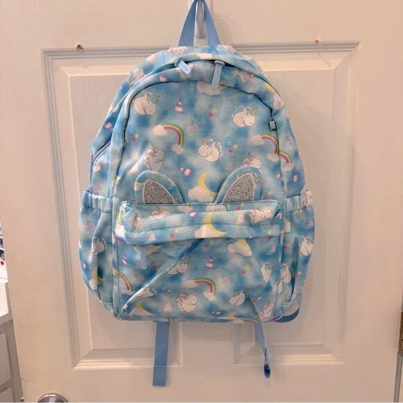Sun Eight full size light blue unicorn print kids backpack with keychain- NWT - Picture 2 of 9